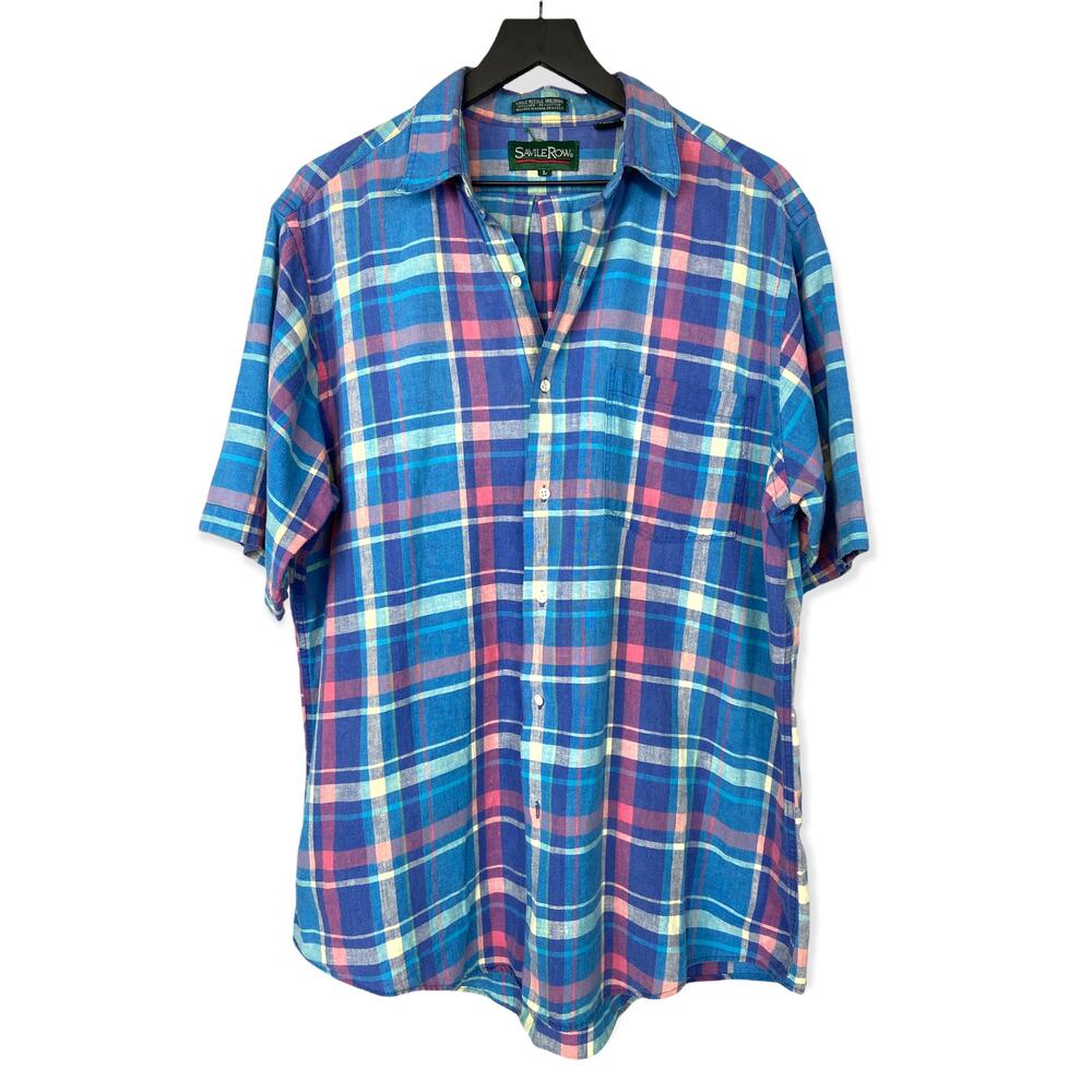 Vintage Linen Plaid Shirt Size Large Short Sleeve Blue Yellow Dadcore